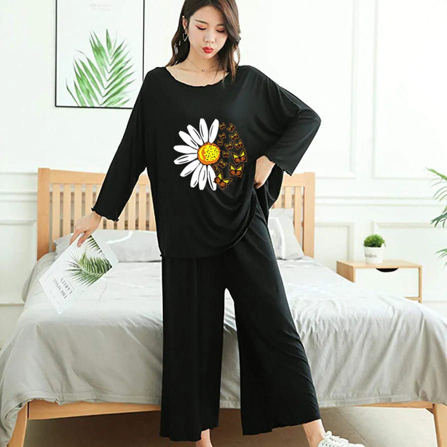 BLACK DAISY FLOWER PRINTED LOUNGEWEAR CH-2500