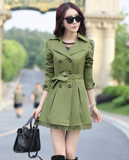 Green Women Trench Fleece Coat - choakas